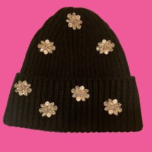 UGG Knit Black Beanie with Silver Floral Rhinestone Embellishments